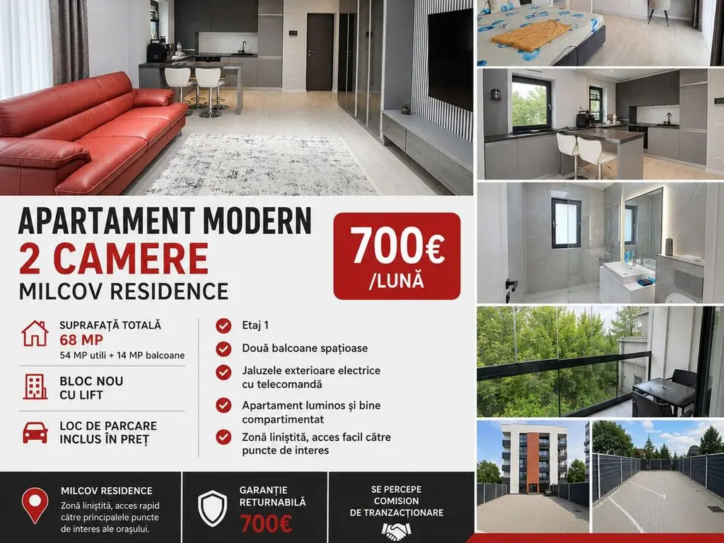 De inchiriat apartament cu 2 camere, Milcov Residence, et. 1, 700 euro