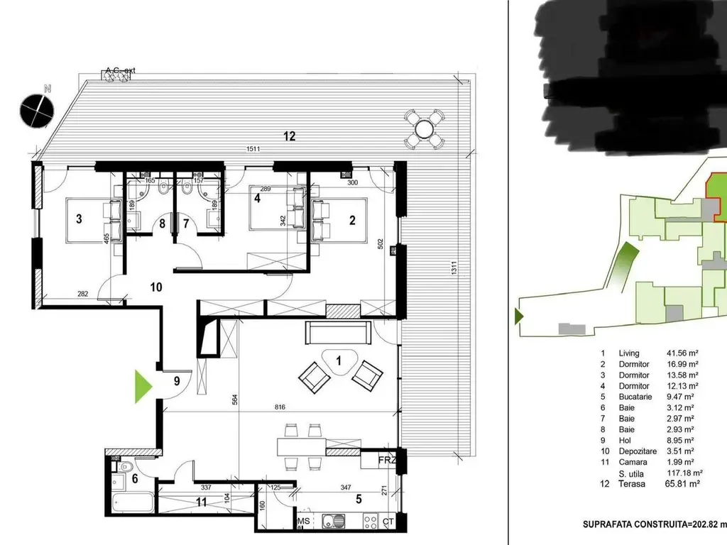 Proprietar, Penthouse 4 cam, 3 bai, 120mp utili, terasa 65mp, Unirii