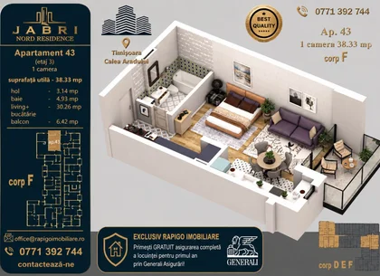 Apartament 43, Corp F – Studio | 38,51 mp | Etaj 3 | Jabri Nord Reside