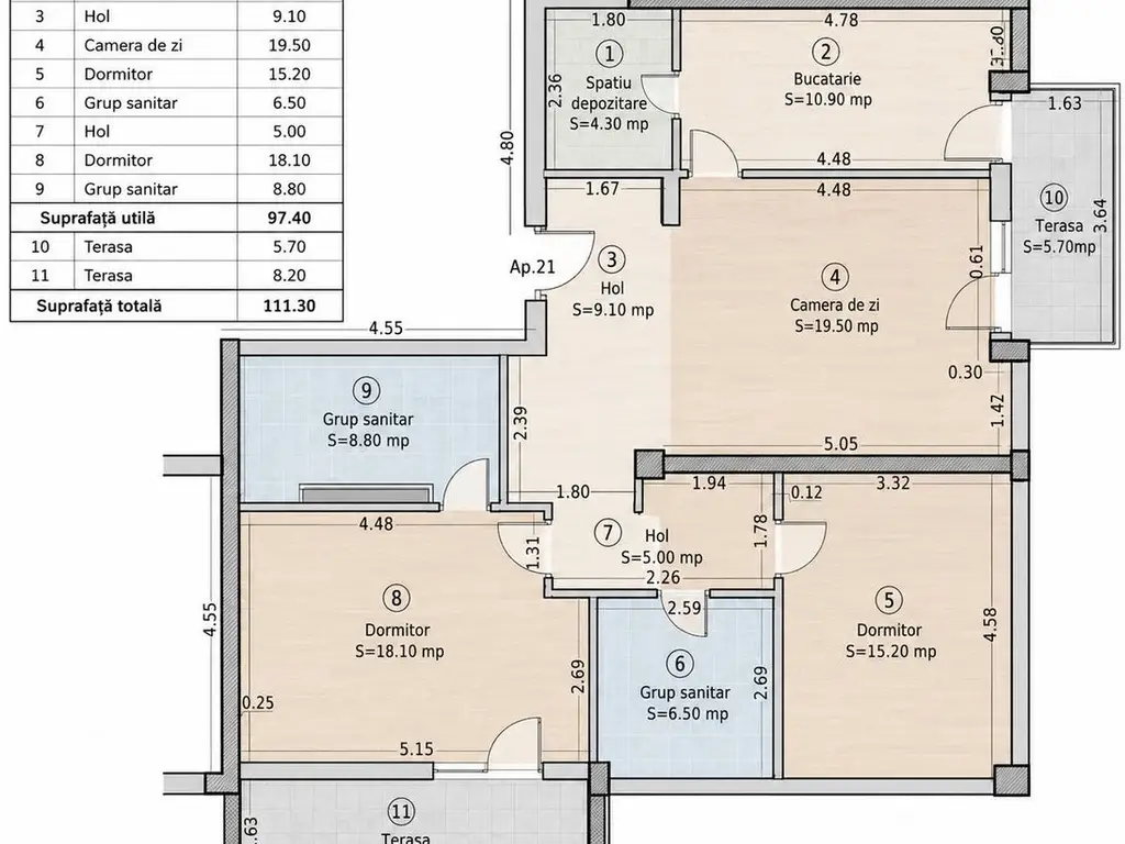 Apartament premium 3 camere, 100 mp utili, 2 terase, 3 locuri parcare