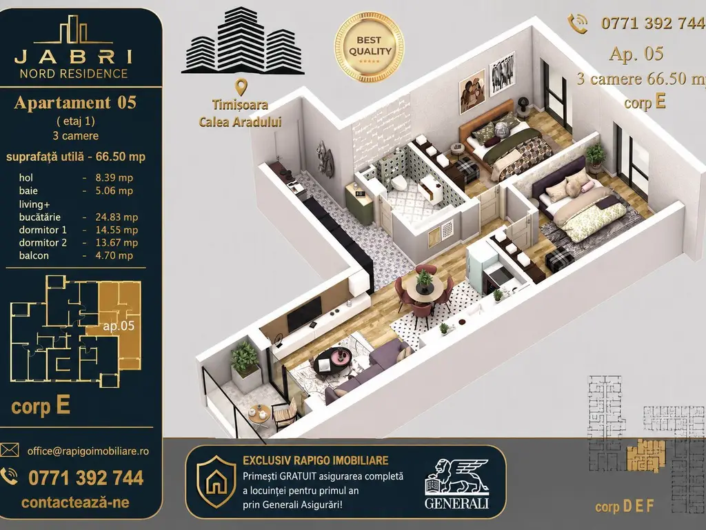 Apartament 05, Corp E – 3 camere | 66,50 mp | Jabri Nord Residence