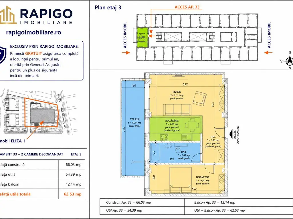 Apartamentul nr. 33 | 2 camere decomandat | Etaj 3 | Terasă 12,14 mp |