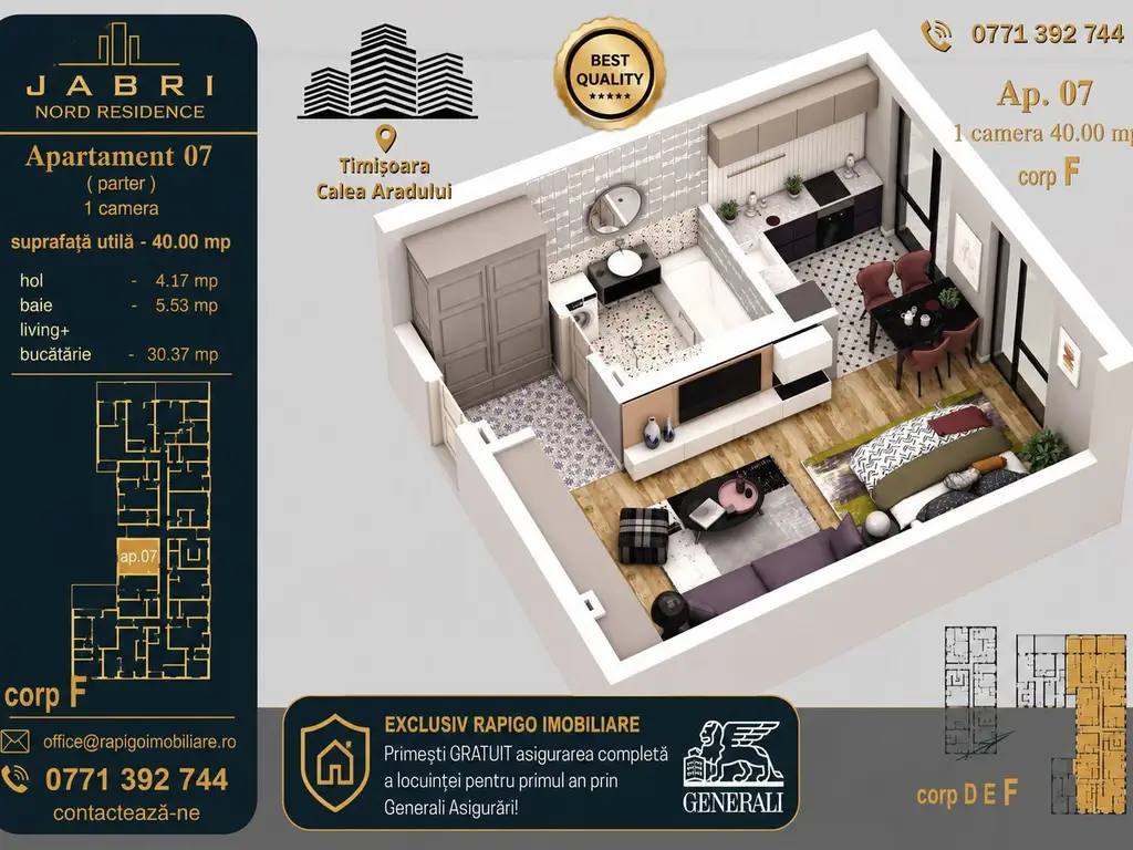 Apartament 07, Corp F – Studio | 40,29 mp | Jabri Nord Residence