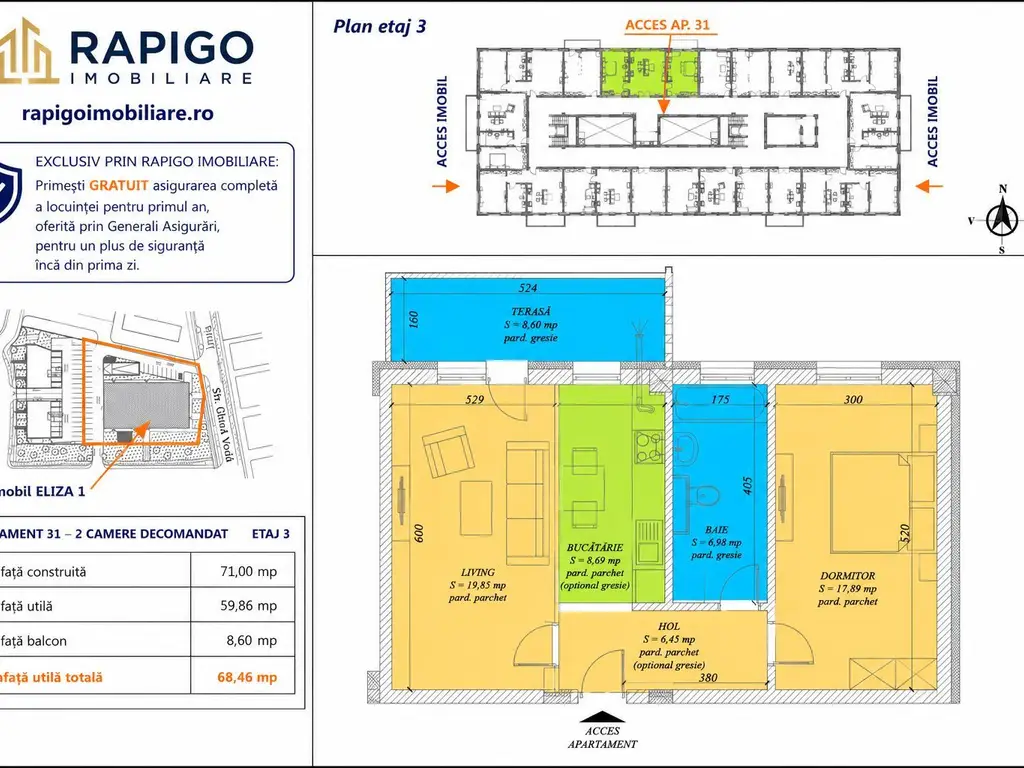 Apartamentul nr. 31 | 2 camere decomandat | Etaj 3 | Terasă 8,60 mp |