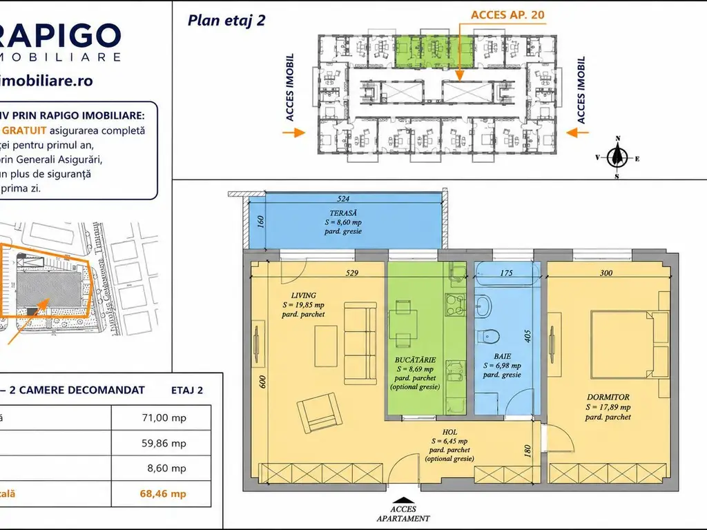 Apartamentul nr. 20 | 2 camere decomandat | Etaj 2 | Terasă 8,60 mp |
