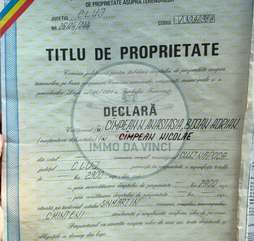 Vanzare teren itravilan Sanmartin,com. Chinteni CJ