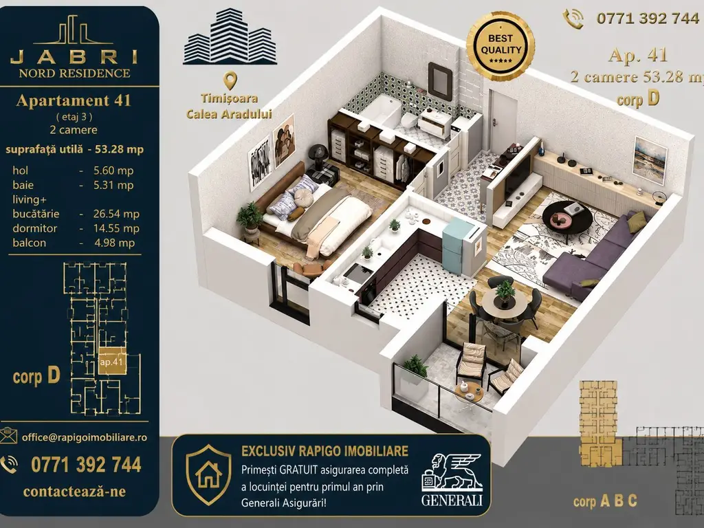 Apartament 41, Corp D – 2 camere | 53,28 mp | Etaj 3 | Jabri Nord Resi