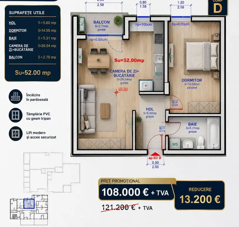 Apartament 03D, Corp D – 2 camere | 53,28 mp | Jabri Nord Residence