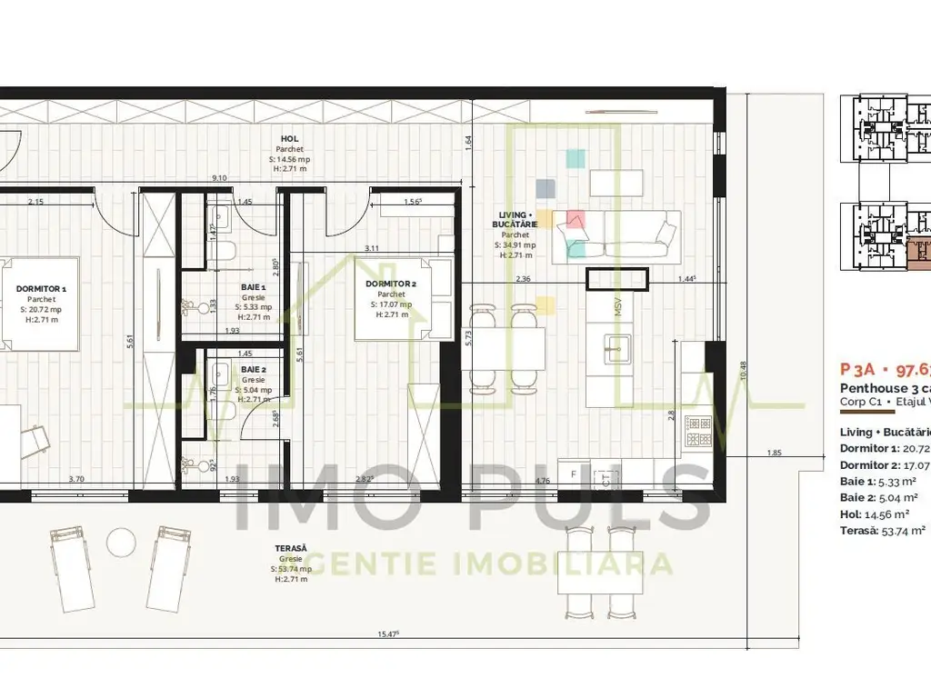 3 Camere. 2 Bai. Torontalului. Terasa 53 mp. Penthouse. Dormitoare mari.