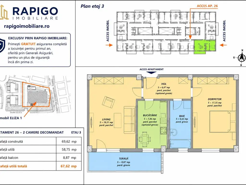 Apartamentul nr. 26 | 2 camere decomandat | Etaj 3 | Terasă 8,87 mp |