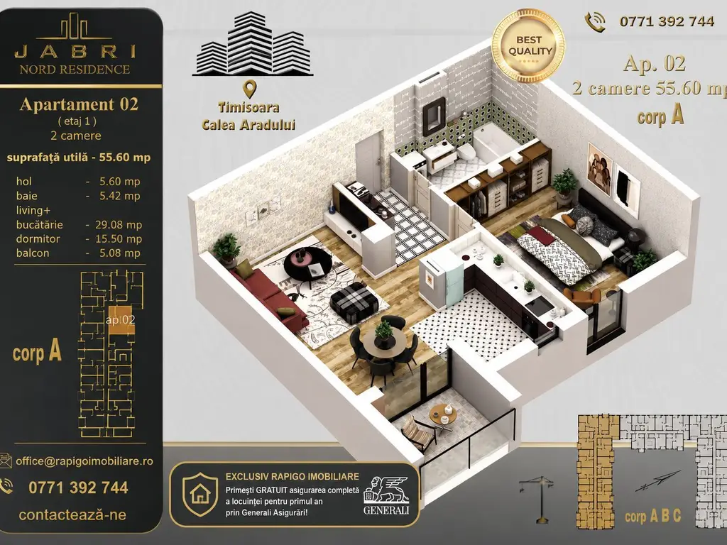 Apartament 02A, Corp A – 2 camere | 55,60 mp | Jabri Nord Residence