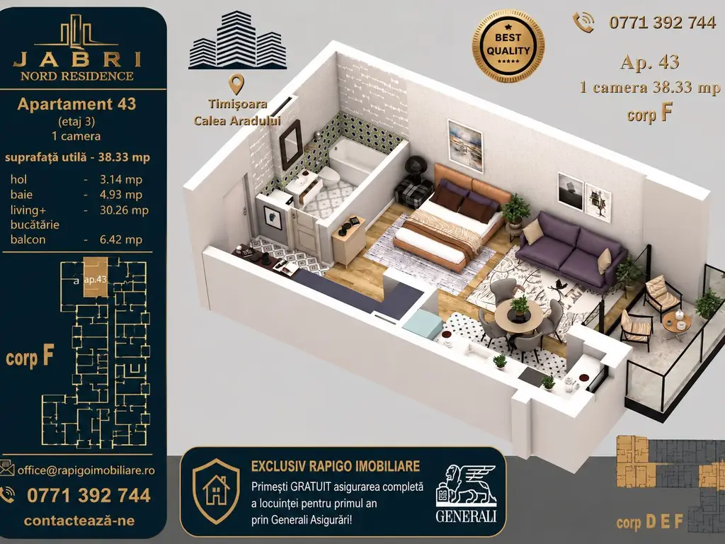 Apartament 43, Corp F – Studio | 38,51 mp | Etaj 3 | Jabri Nord Reside