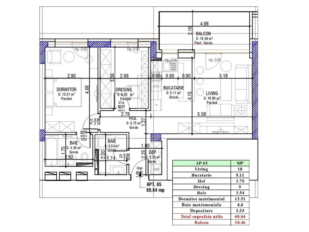 Apartament 2.5 Camere Sala Polivalentă | 61 mp Util + 10 mp Balcon