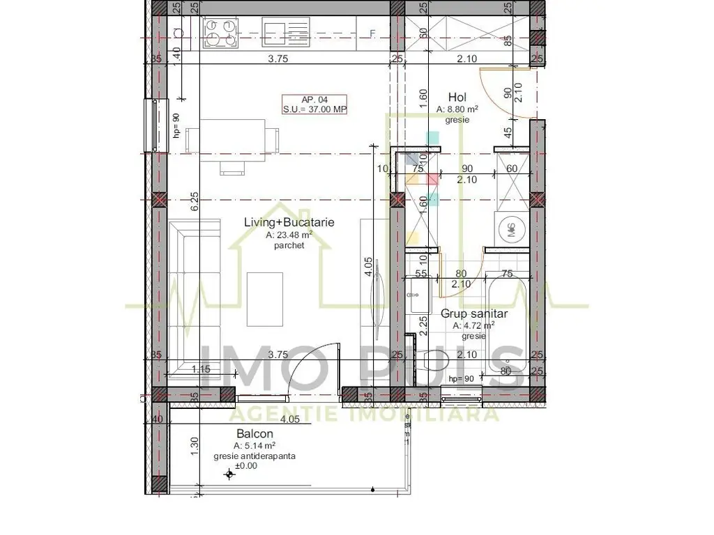 Apartament cu 1 Camera in Bloc nou. Finisajele sunt la alegerea cumparatorului.