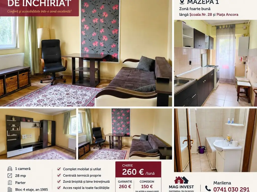 De inchiriat apartament cu o camera, parter, Mazepa 1, 260 euro