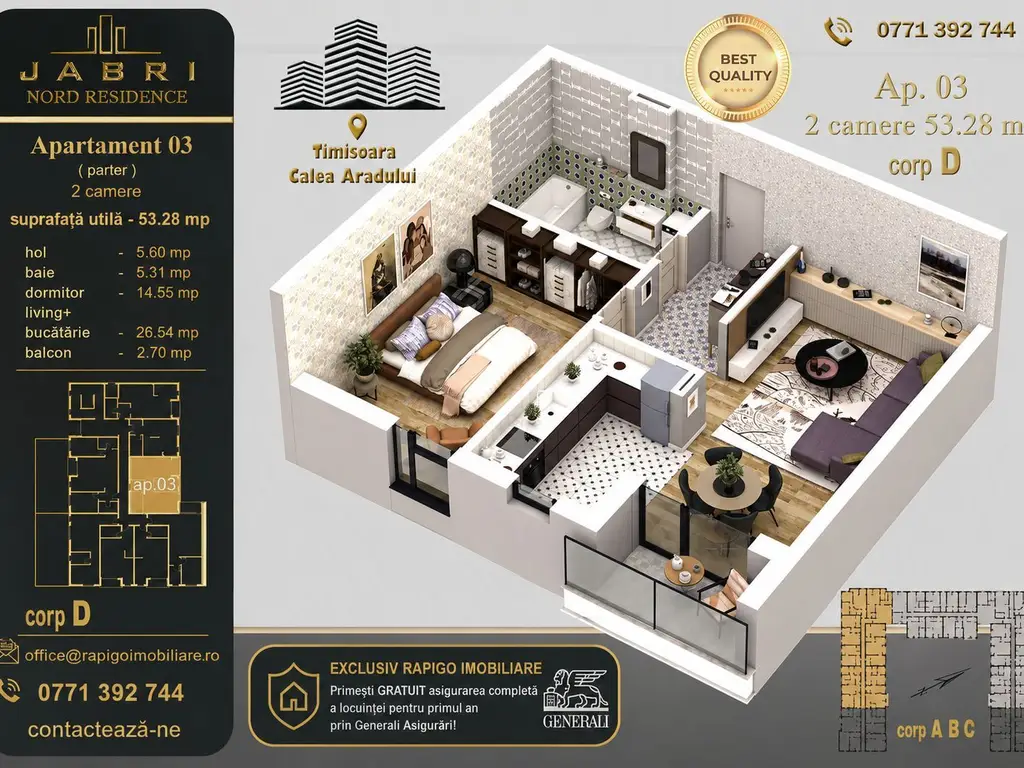 Apartament 03D, Corp D – 2 camere | 53,28 mp | Jabri Nord Residence