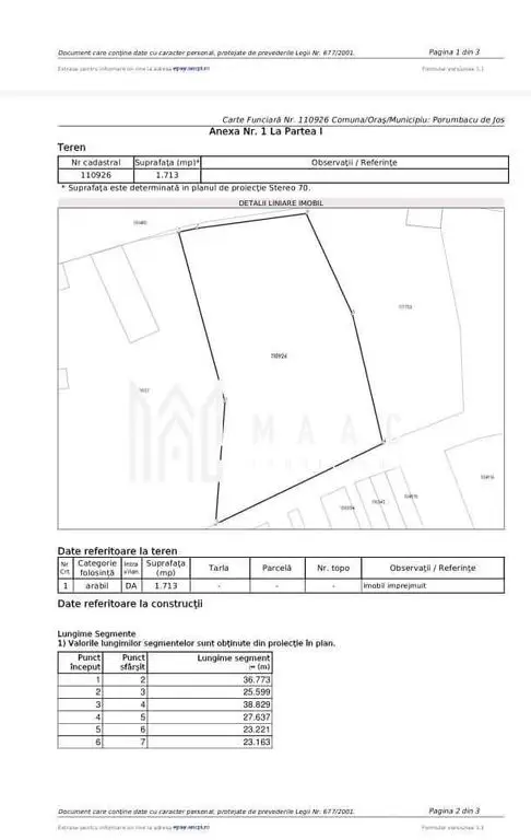 Teren intravilan 1713 mp | Colun | 27 m deschidere, utilități