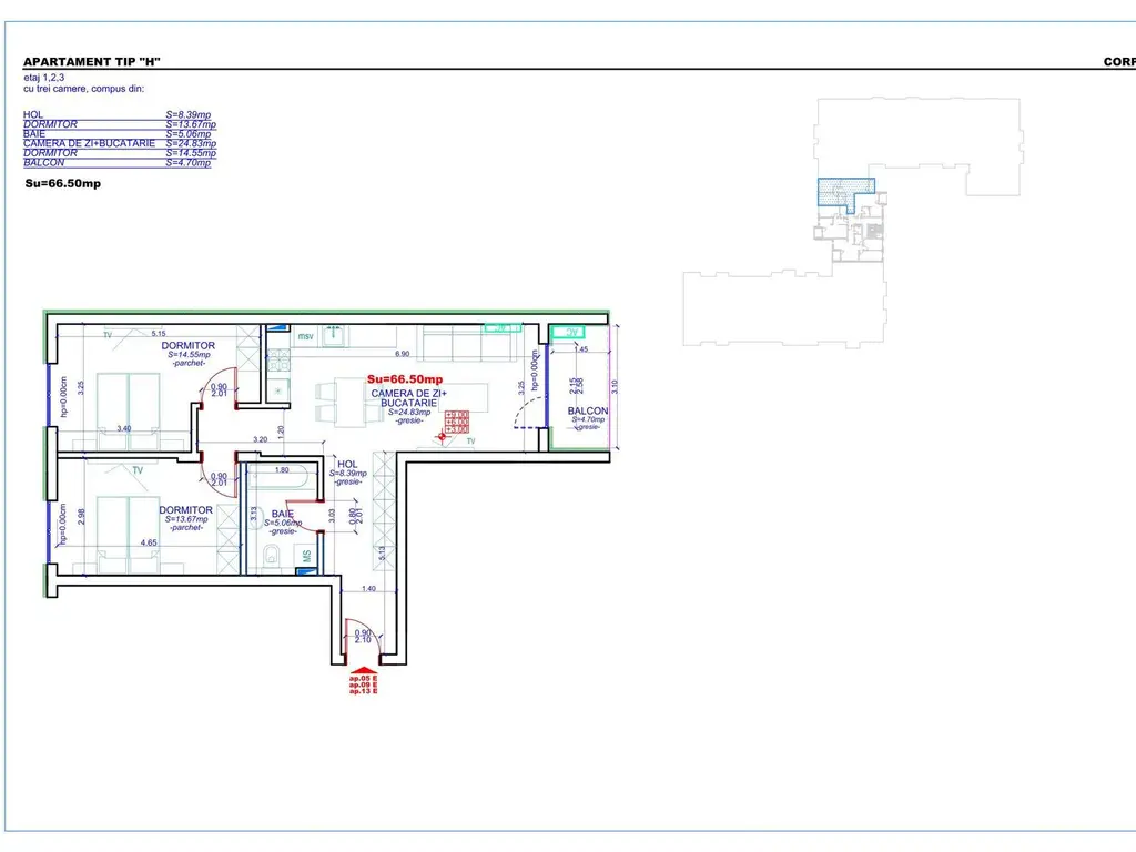 Apartament 05, Corp E – 3 camere | 66,50 mp | Jabri Nord Residence