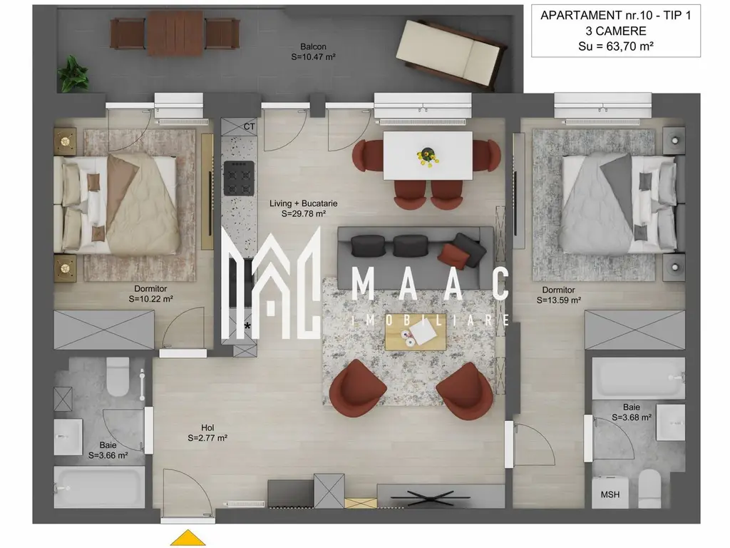 Apartament 3 camere I 64 mp I Sibiu I Doamna Stanca I 2 băi I balcon 10 mp