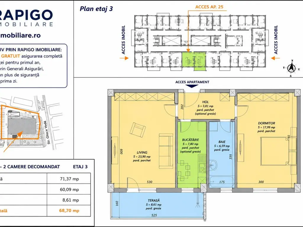 Apartamentul nr. 25 | 2 camere decomandat | Etaj 3 | Terasă 8,61 mp |