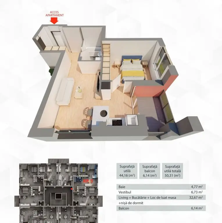 Apartament 2 camere, etaj 2, bloc R39, Ared City Arad